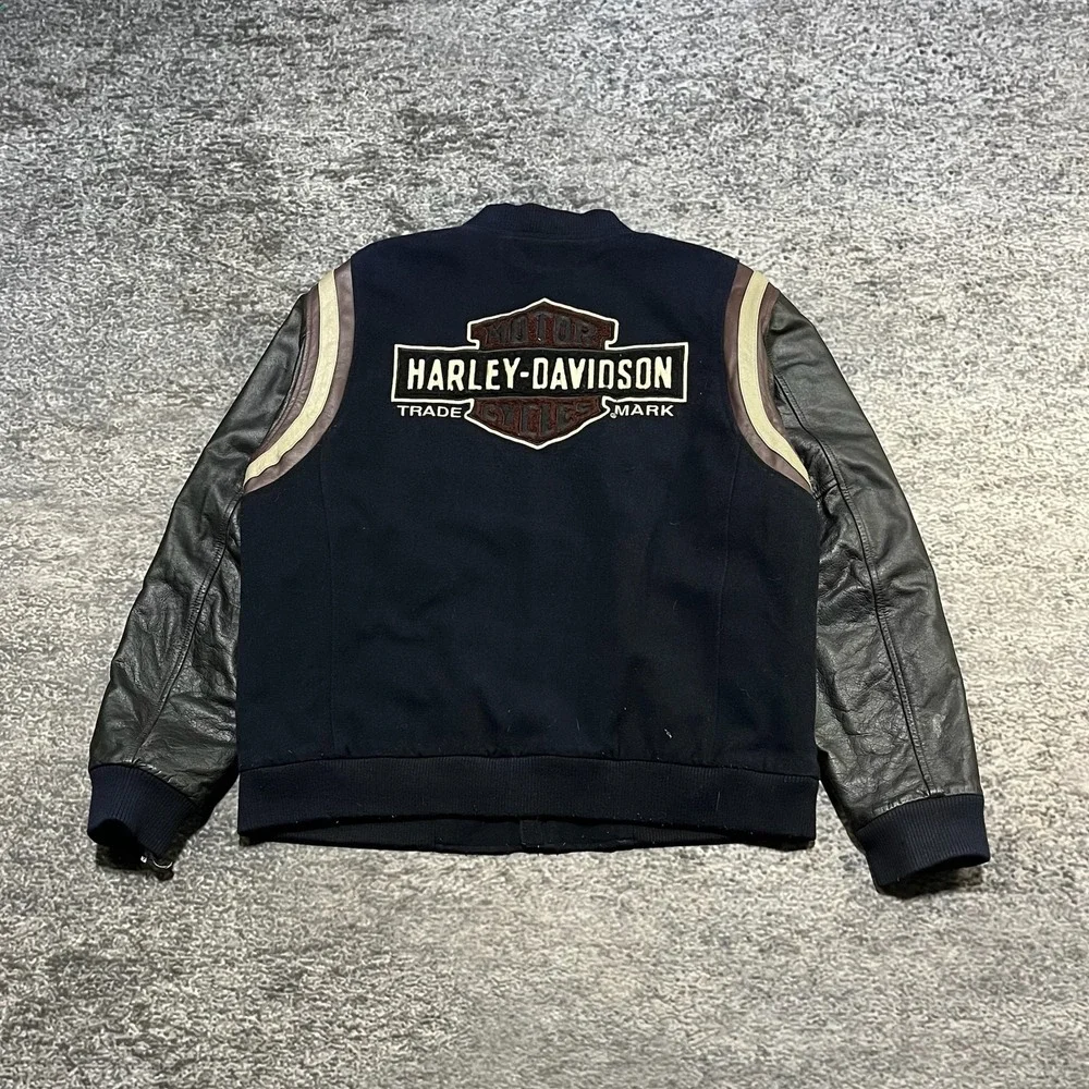 VTG Harley Davidson Leather Varsity‎ Bomber Jacket XL Navy Blue Embroidered Logo